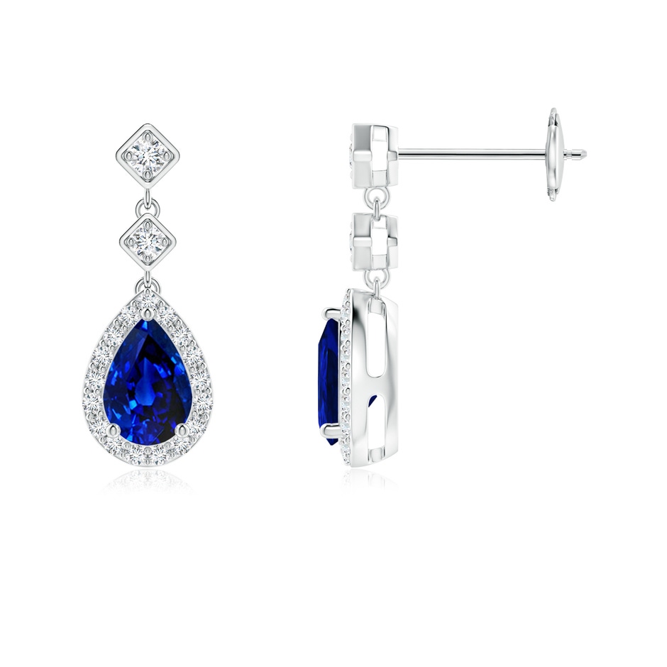 6x4mm AAAA Pear Blue Sapphire Drop Earrings with Diamond Halo in White Gold 