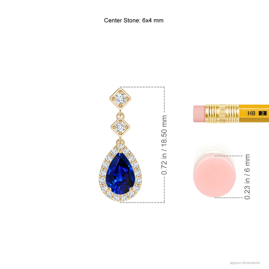 6x4mm AAAA Pear Blue Sapphire Drop Earrings with Diamond Halo in Yellow Gold ruler