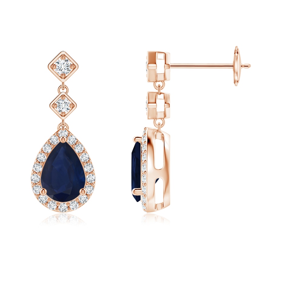 7x5mm A Pear Blue Sapphire Drop Earrings with Diamond Halo in Rose Gold 