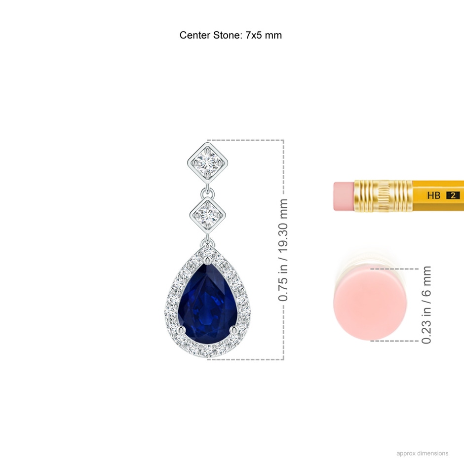 7x5mm AA Pear Blue Sapphire Drop Earrings with Diamond Halo in White Gold ruler