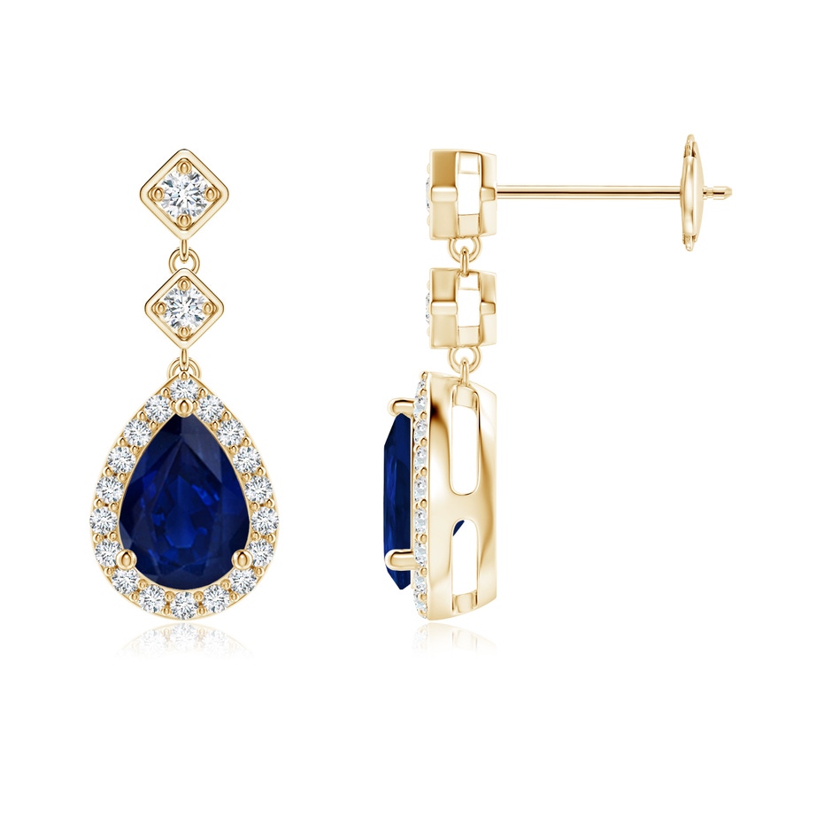 7x5mm AA Pear Blue Sapphire Drop Earrings with Diamond Halo in Yellow Gold 