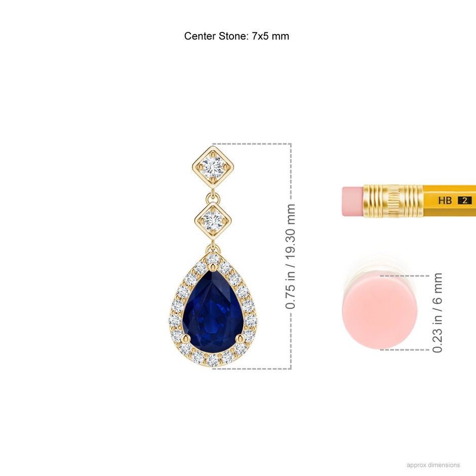 7x5mm AA Pear Blue Sapphire Drop Earrings with Diamond Halo in Yellow Gold ruler