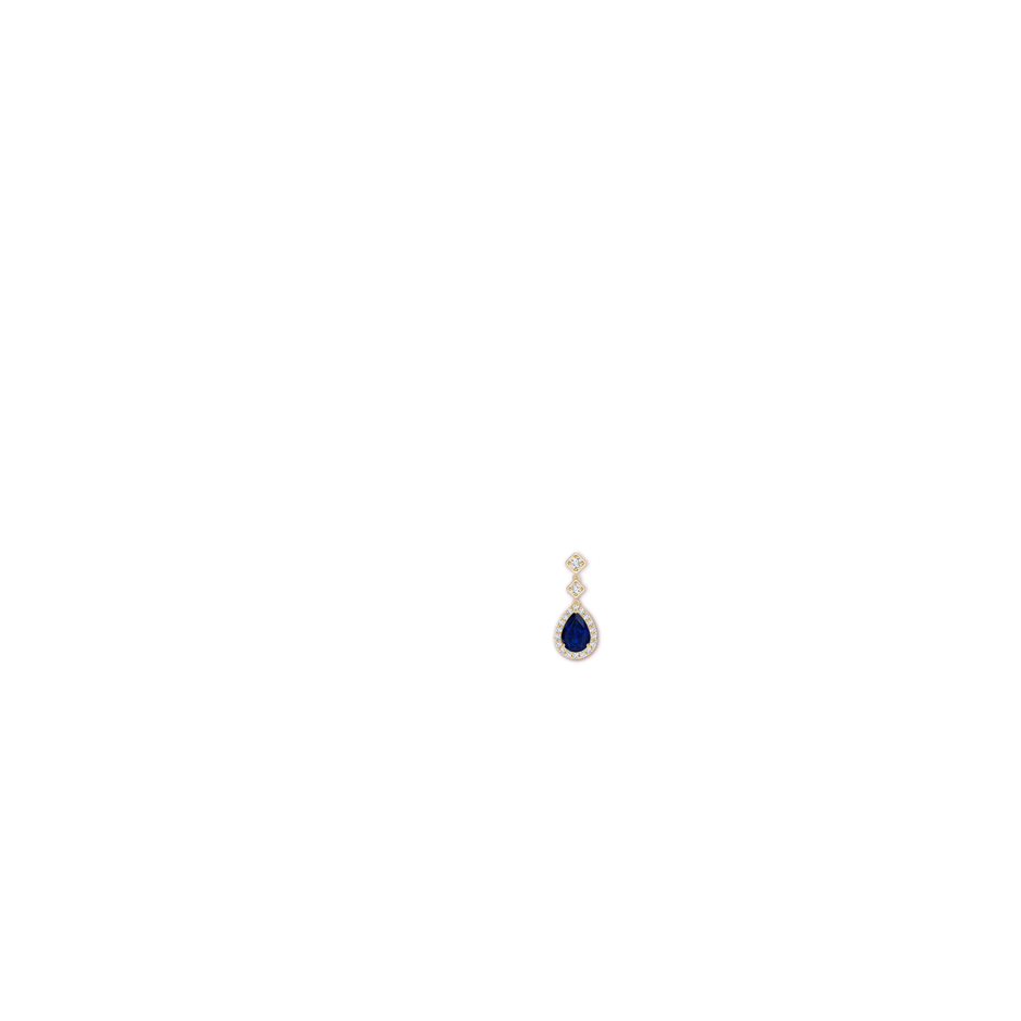 7x5mm AA Pear Blue Sapphire Drop Earrings with Diamond Halo in Yellow Gold ear