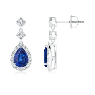 7x5mm AAA Pear Blue Sapphire Drop Earrings with Diamond Halo in P950 Platinum