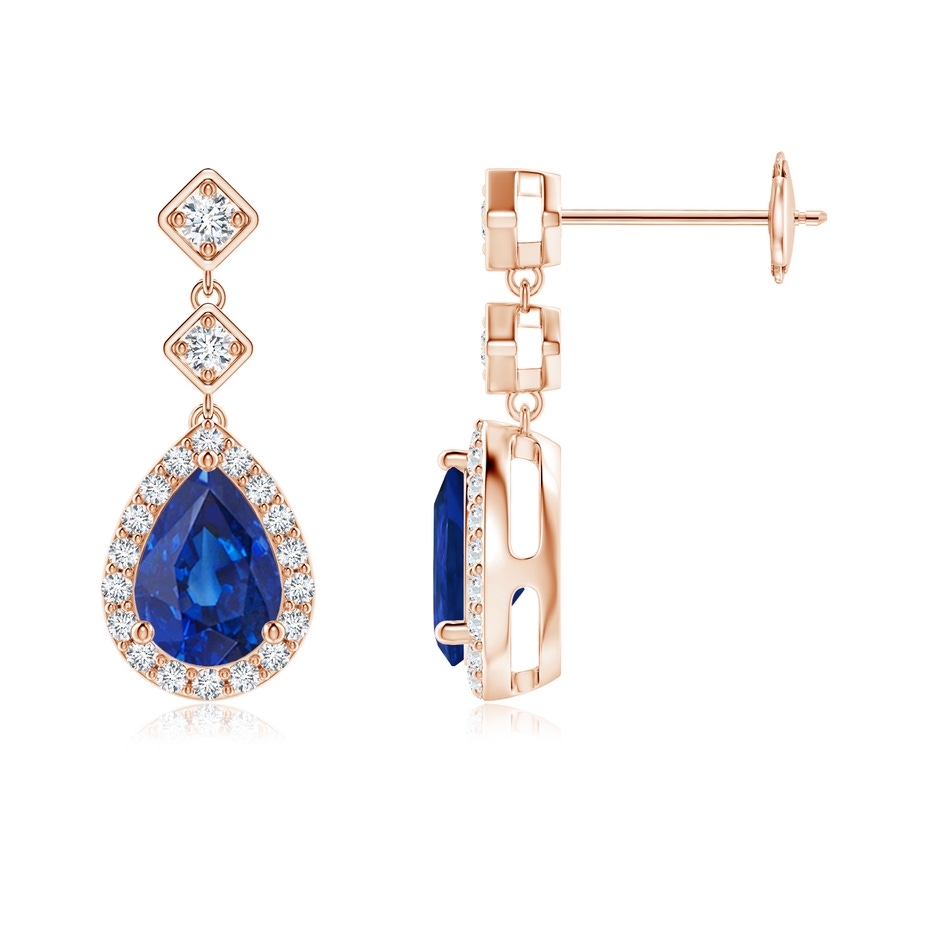7x5mm AAA Pear Blue Sapphire Drop Earrings with Diamond Halo in Rose Gold 