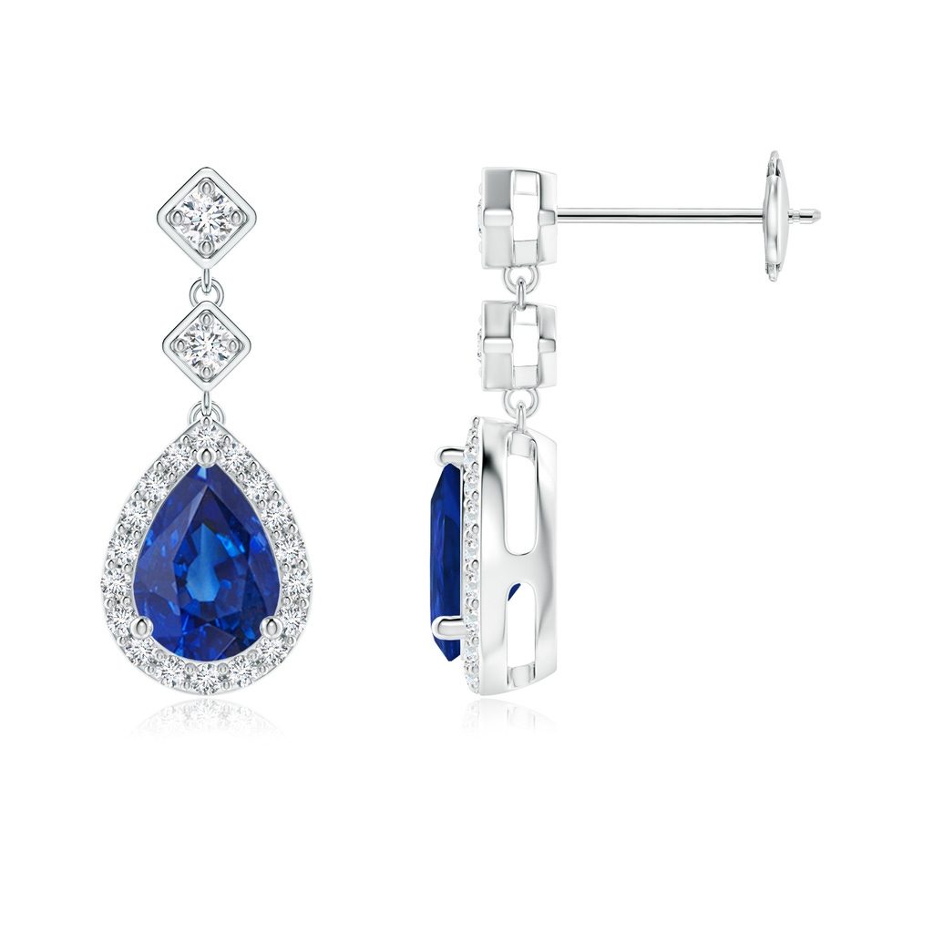 7x5mm AAA Pear Blue Sapphire Drop Earrings with Diamond Halo in White Gold