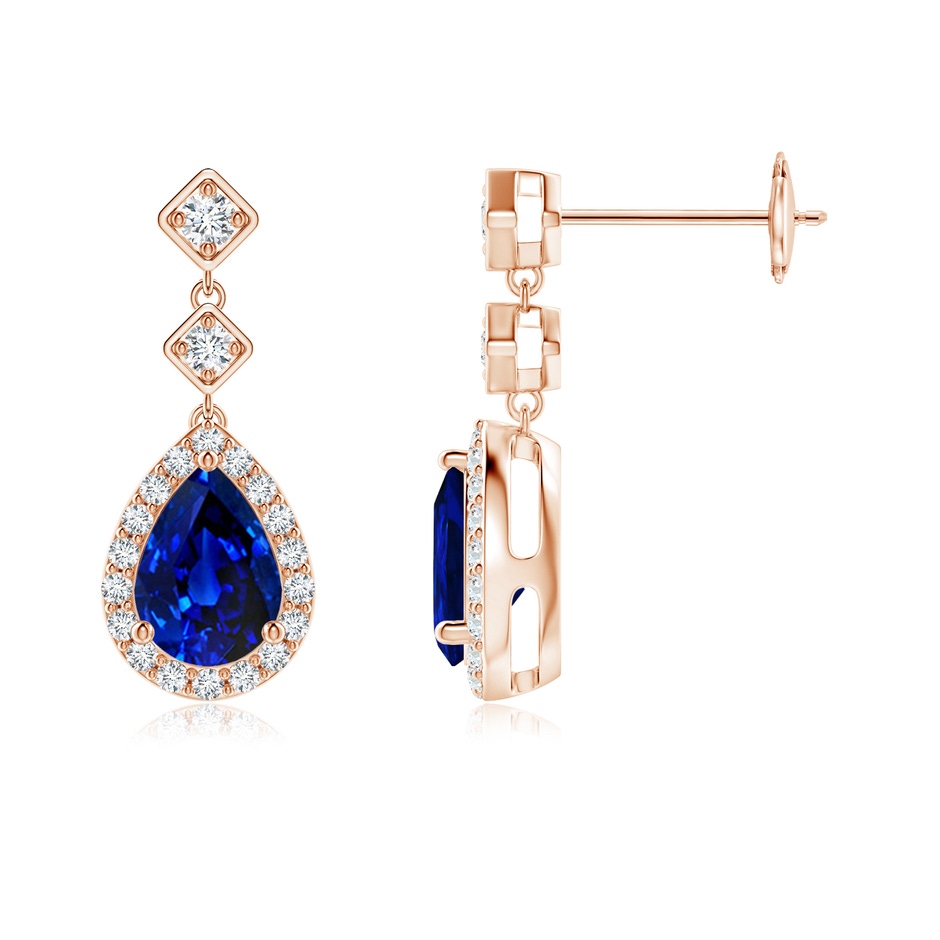 7x5mm AAAA Pear Blue Sapphire Drop Earrings with Diamond Halo in Rose Gold 