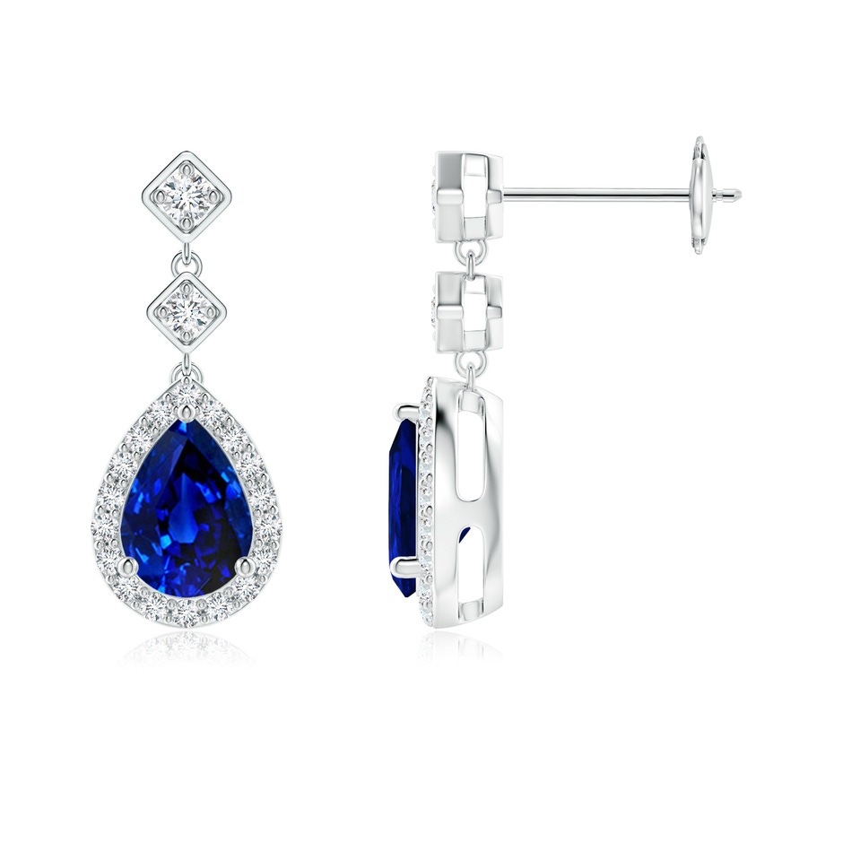 7x5mm AAAA Pear Blue Sapphire Drop Earrings with Diamond Halo in White Gold 