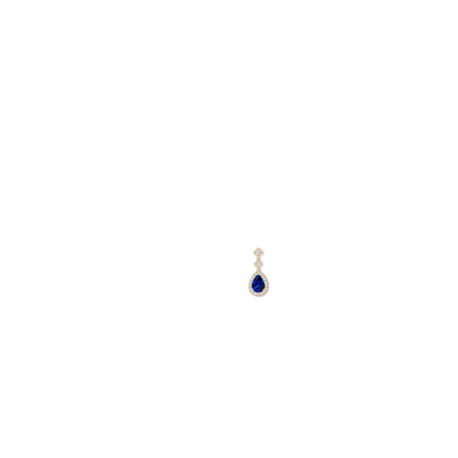 7x5mm AAAA Pear Blue Sapphire Drop Earrings with Diamond Halo in Yellow Gold ear