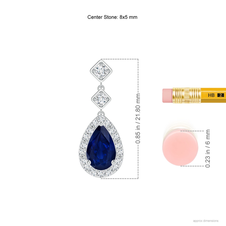 8x5mm AA Pear Blue Sapphire Drop Earrings with Diamond Halo in White Gold ruler