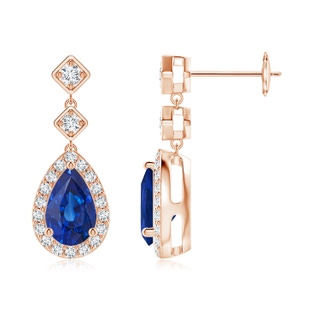 8x5mm AAA Pear Blue Sapphire Drop Earrings with Diamond Halo in 18K Rose Gold