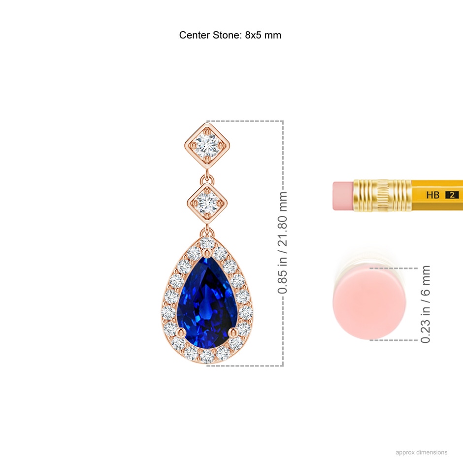 8x5mm AAAA Pear Blue Sapphire Drop Earrings with Diamond Halo in Rose Gold ruler