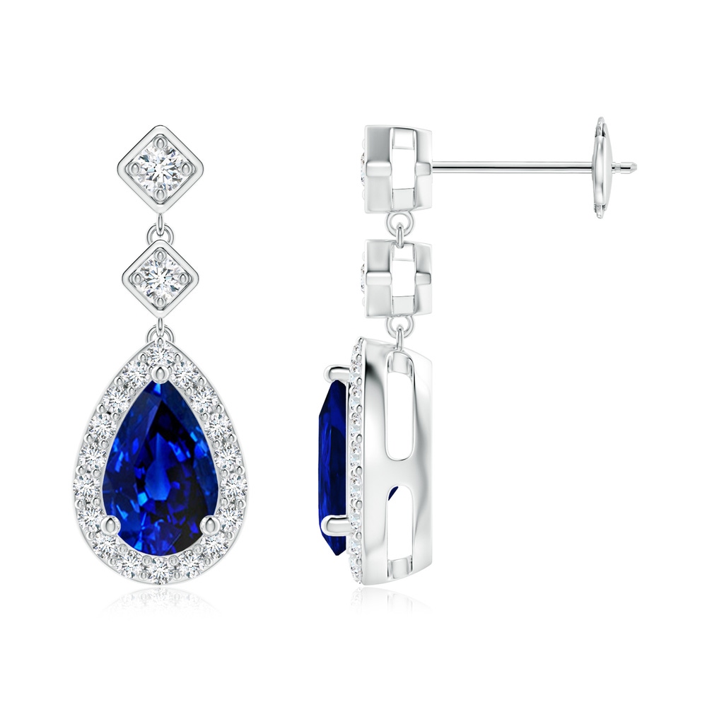 8x5mm AAAA Pear Blue Sapphire Drop Earrings with Diamond Halo in White Gold