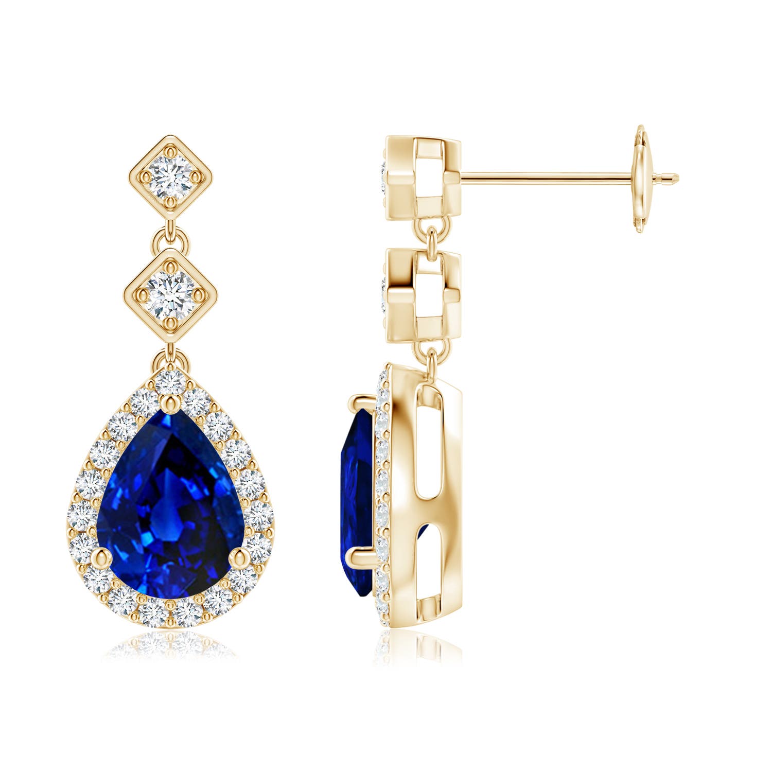 8x6mm AAAA Pear Blue Sapphire Drop Earrings with Diamond Halo in 18K Yellow Gold