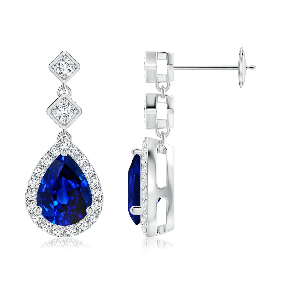 8x6mm Lab-Grown Pear Blue Sapphire Drop Earrings with Diamond Halo in White Gold 