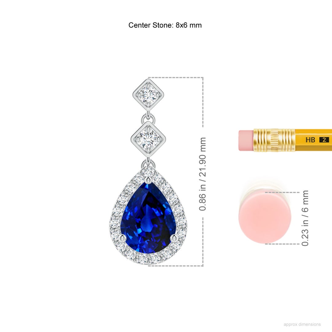 8x6mm AAAA Pear Blue Sapphire Drop Earrings with Diamond Halo in White Gold - ruler