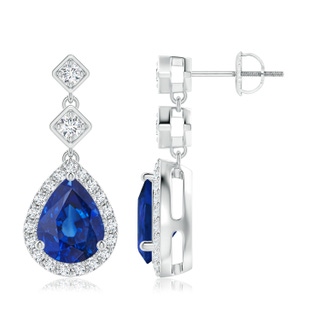 9x7mm AAA Pear Blue Sapphire Drop Earrings with Diamond Halo in P950 Platinum
