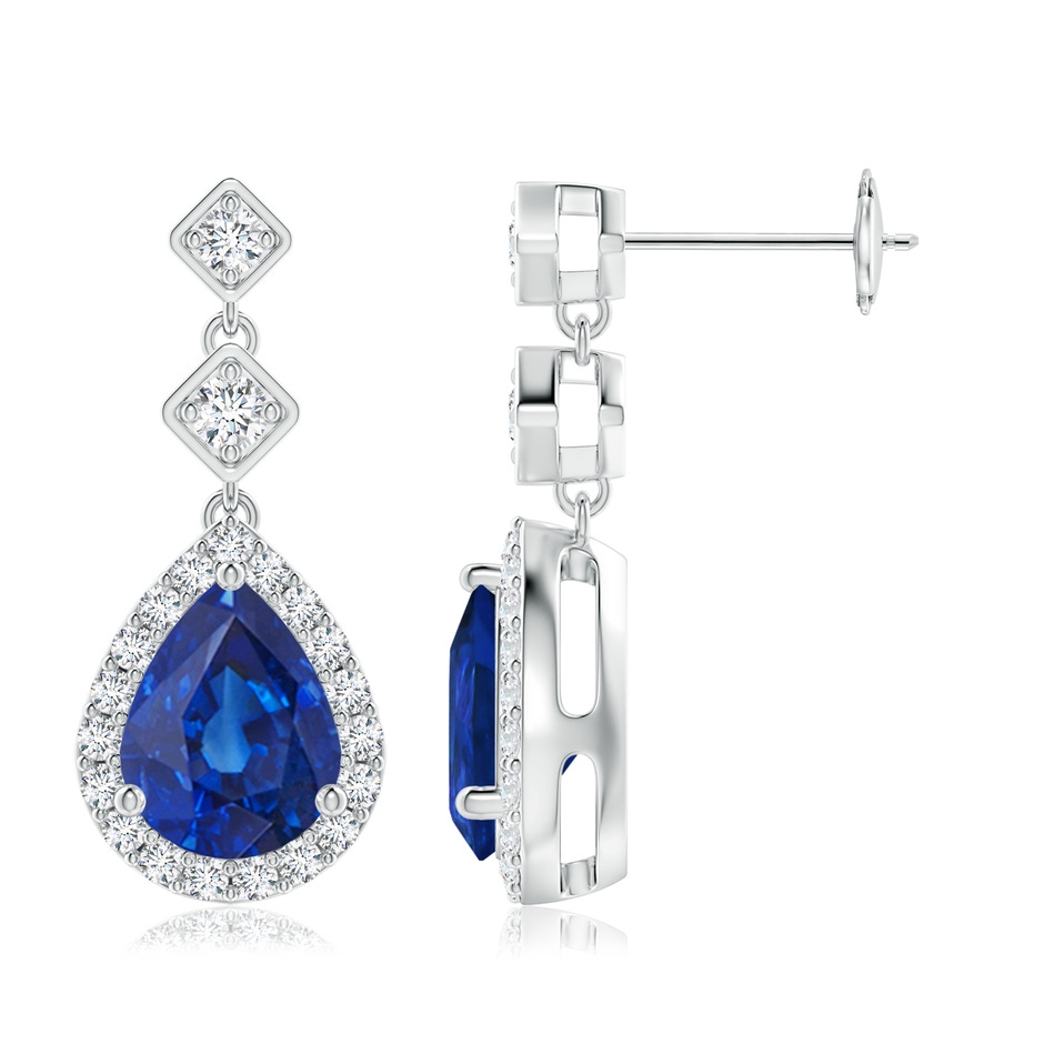 9x7mm AAA Pear Blue Sapphire Drop Earrings with Diamond Halo in White Gold 