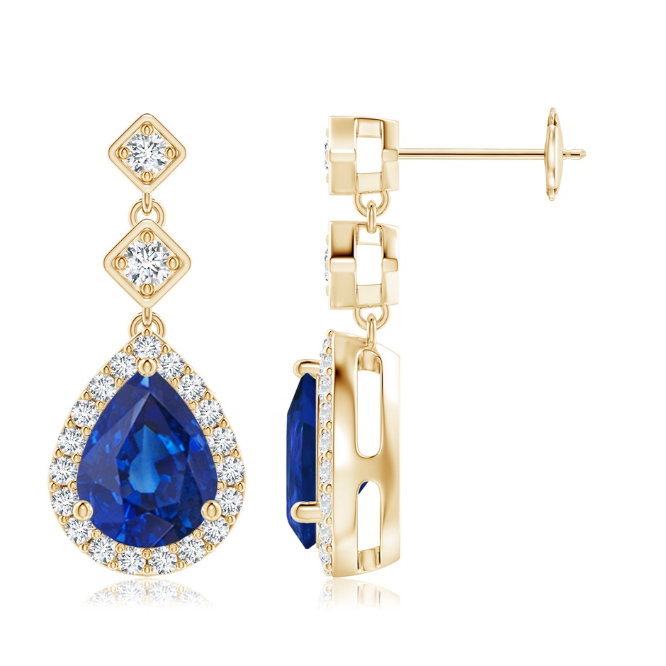 9x7mm AAA Pear Blue Sapphire Drop Earrings with Diamond Halo in Yellow Gold 