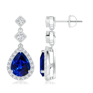 9x7mm AAAA Pear Blue Sapphire Drop Earrings with Diamond Halo in P950 Platinum