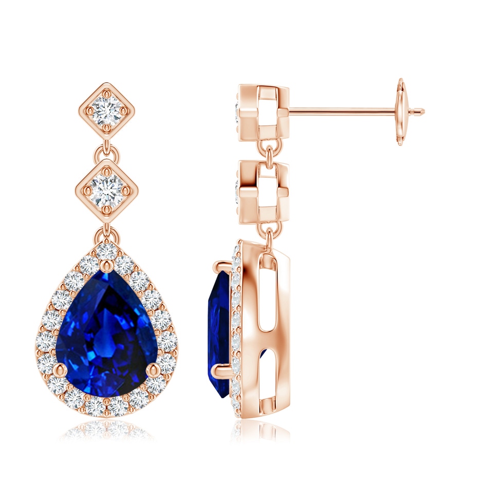 9x7mm AAAA Pear Blue Sapphire Drop Earrings with Diamond Halo in Rose Gold 