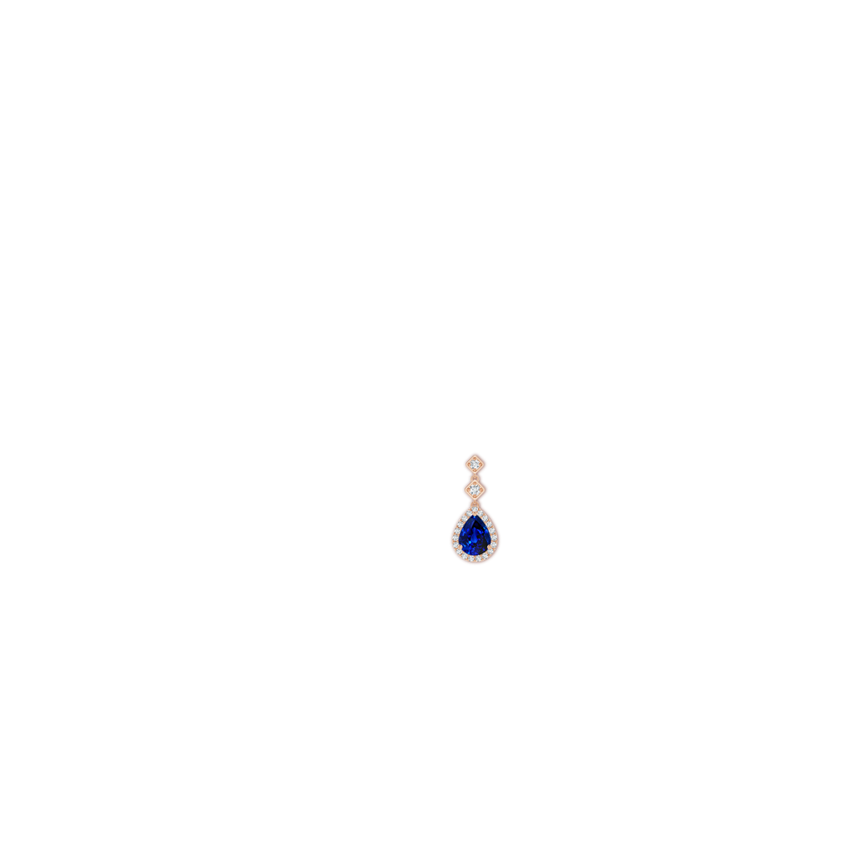 9x7mm AAAA Pear Blue Sapphire Drop Earrings with Diamond Halo in Rose Gold ear