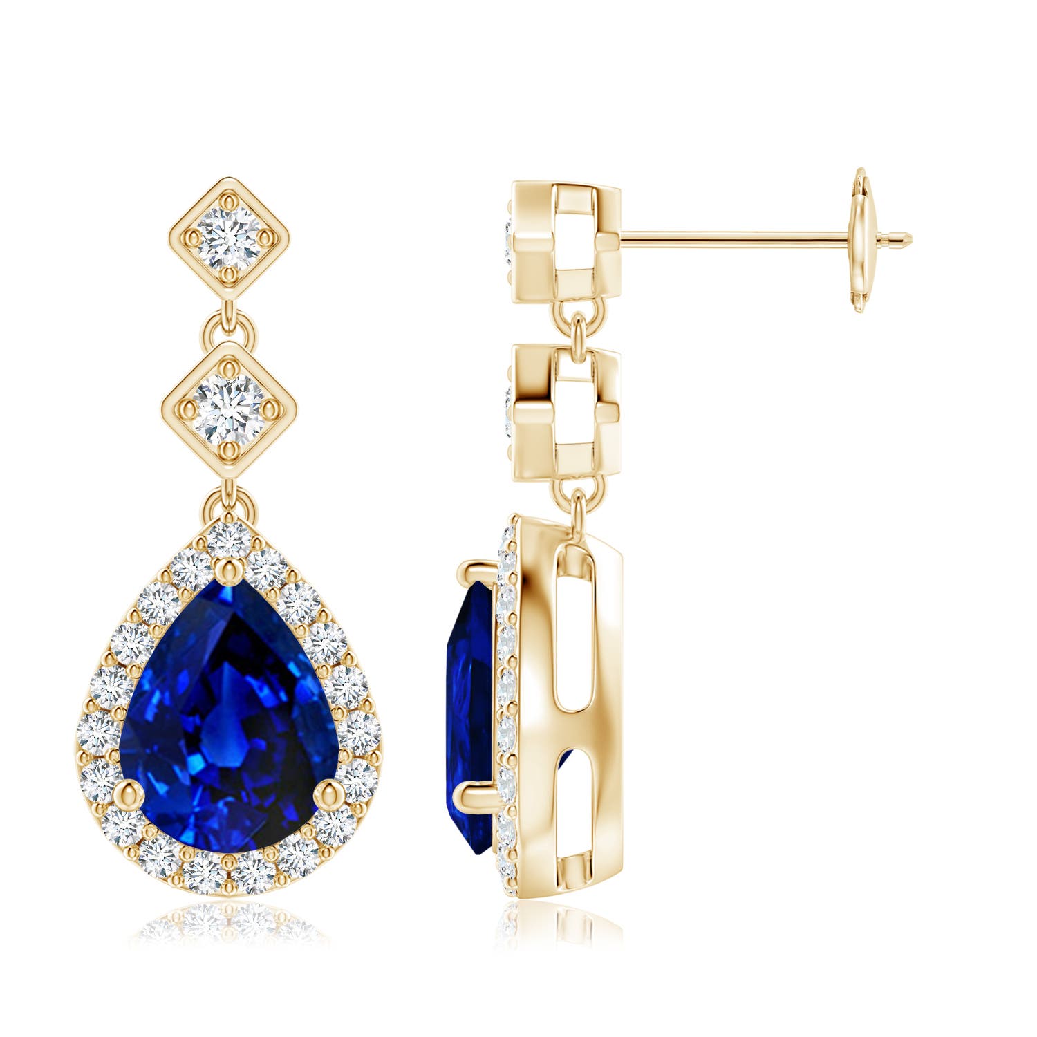 9x7mm AAAA Pear Blue Sapphire Drop Earrings with Diamond Halo in Yellow Gold