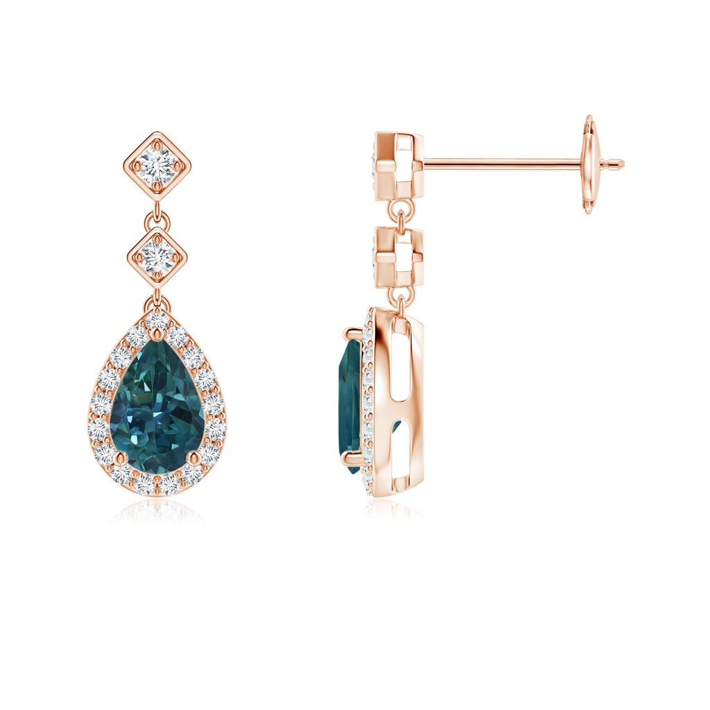 6x4mm AAA Pear Teal Montana Sapphire Drop Earrings with Diamond Halo in Rose Gold