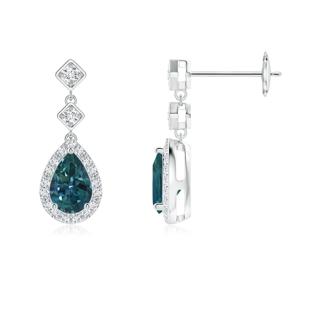 6x4mm AAA Pear Teal Montana Sapphire Drop Earrings with Diamond Halo in White Gold