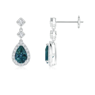 6x4mm AAA Pear Teal Montana Sapphire Drop Earrings with Diamond Halo in White Gold