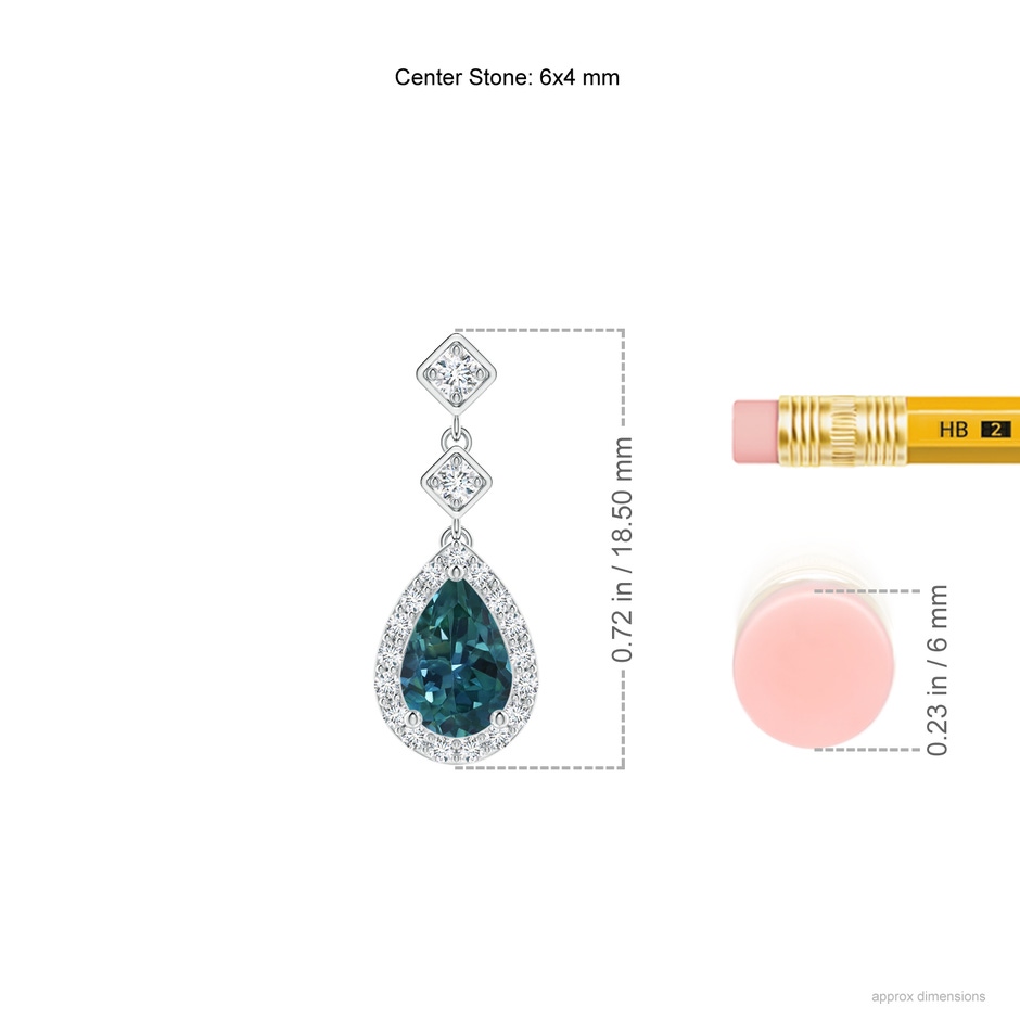 6x4mm AAA Pear Teal Montana Sapphire Drop Earrings with Diamond Halo in White Gold ruler