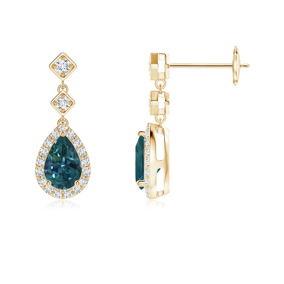 6x4mm AAA Pear Teal Montana Sapphire Drop Earrings with Diamond Halo in Yellow Gold 