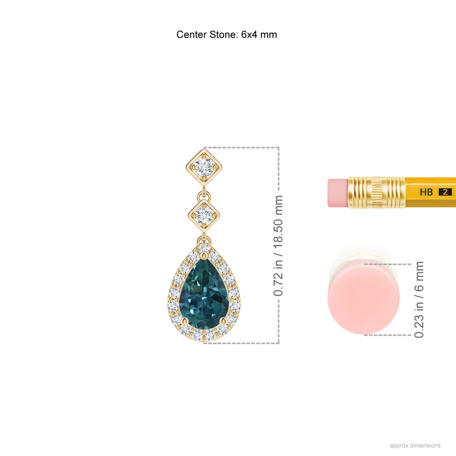 6x4mm AAA Pear Teal Montana Sapphire Drop Earrings with Diamond Halo in Yellow Gold ruler
