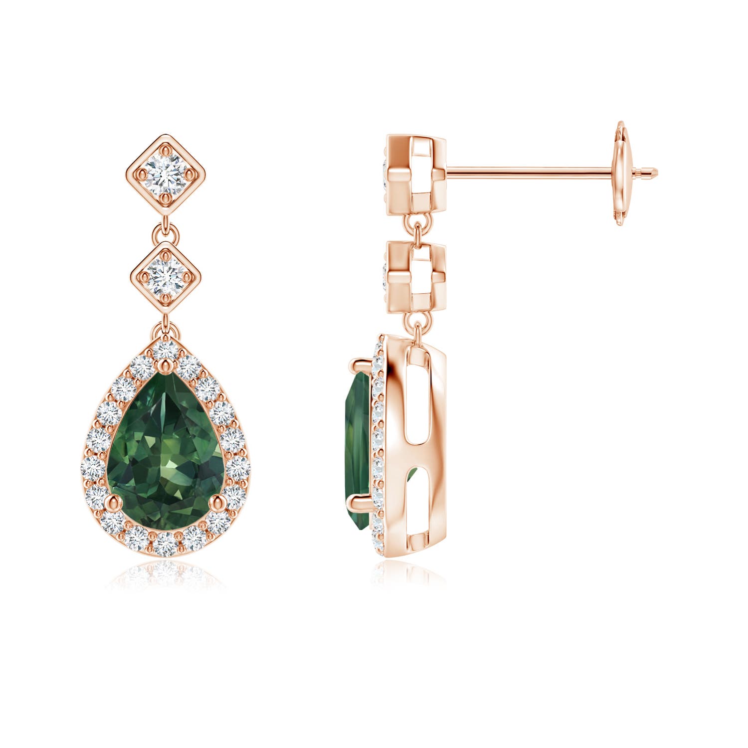 7x5mm AA Pear Teal Montana Sapphire Drop Earrings with Diamond Halo in Rose Gold