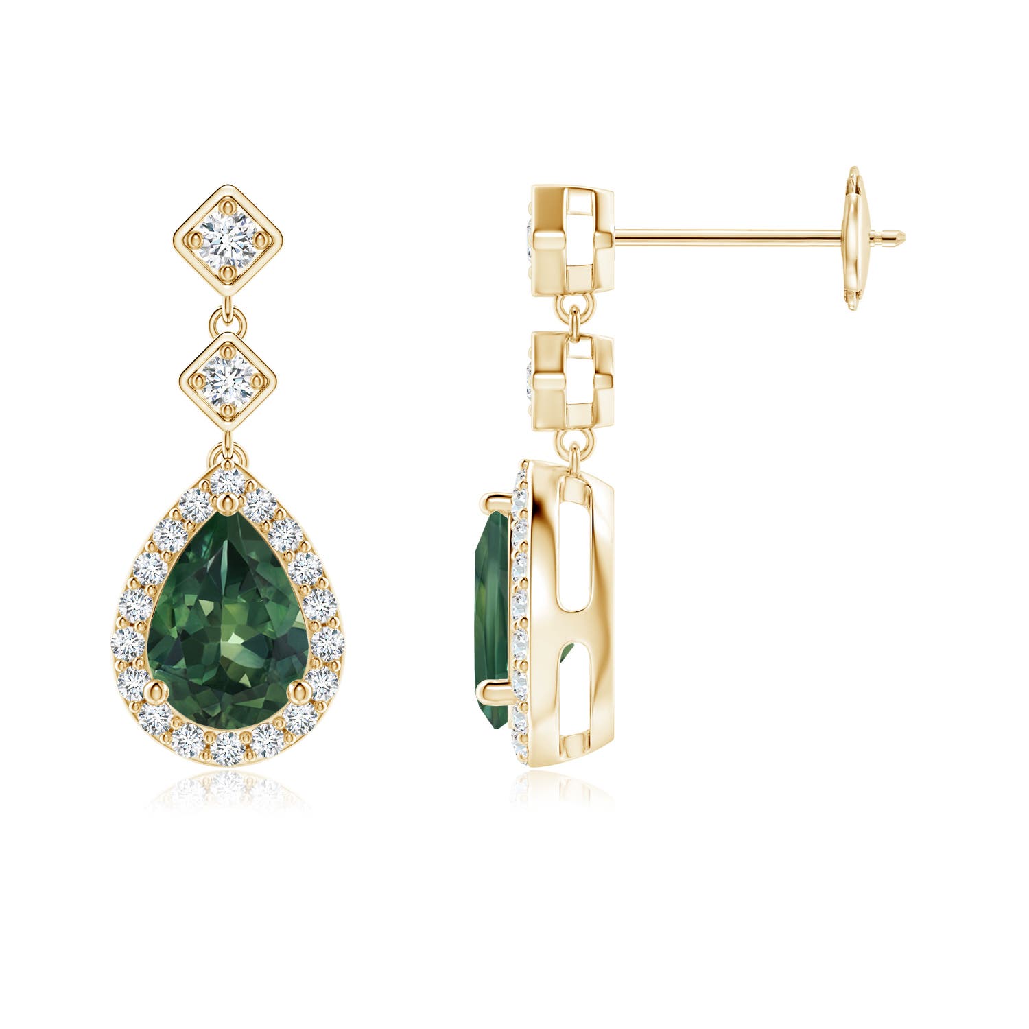 7x5mm AA Pear Teal Montana Sapphire Drop Earrings with Diamond Halo in Yellow Gold