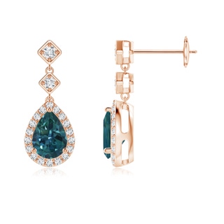 7x5mm AAA Pear Teal Montana Sapphire Drop Earrings with Diamond Halo in Rose Gold