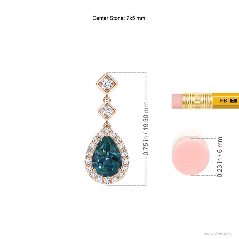 7x5mm AAA Pear Teal Montana Sapphire Drop Earrings with Diamond Halo in Rose Gold ruler