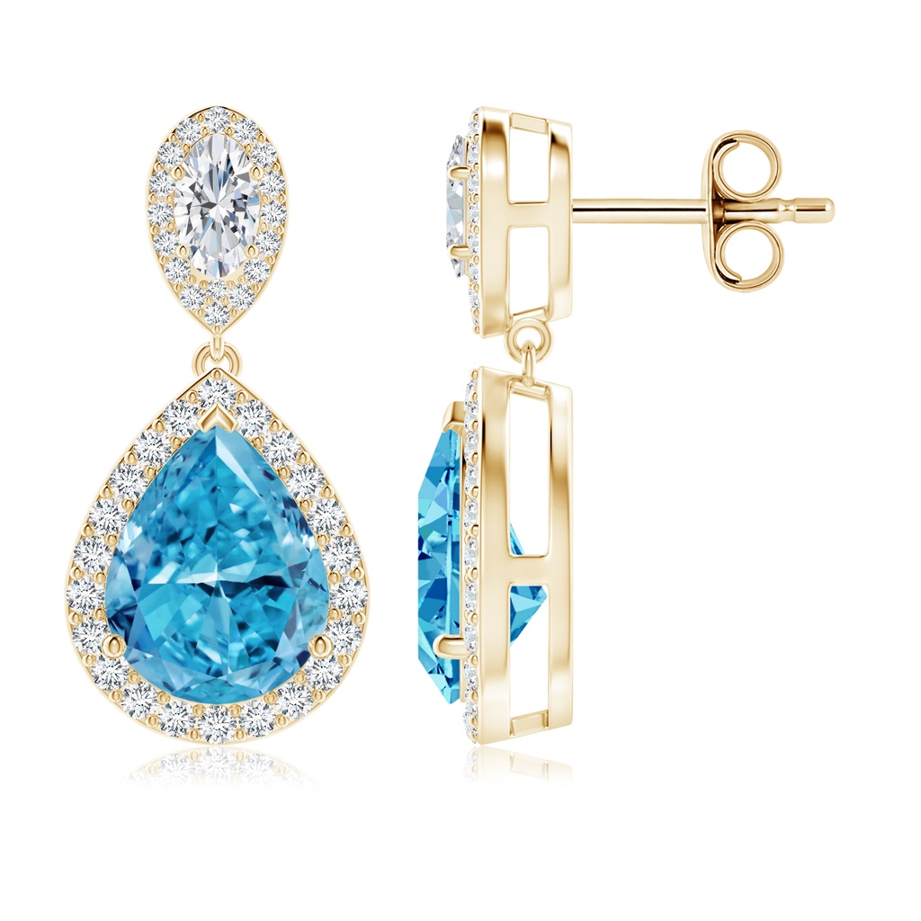 10x6.5mm AAAA Oval & Pear Fancy Intense Blue Diamond Drop Earrings with Halo in Yellow Gold