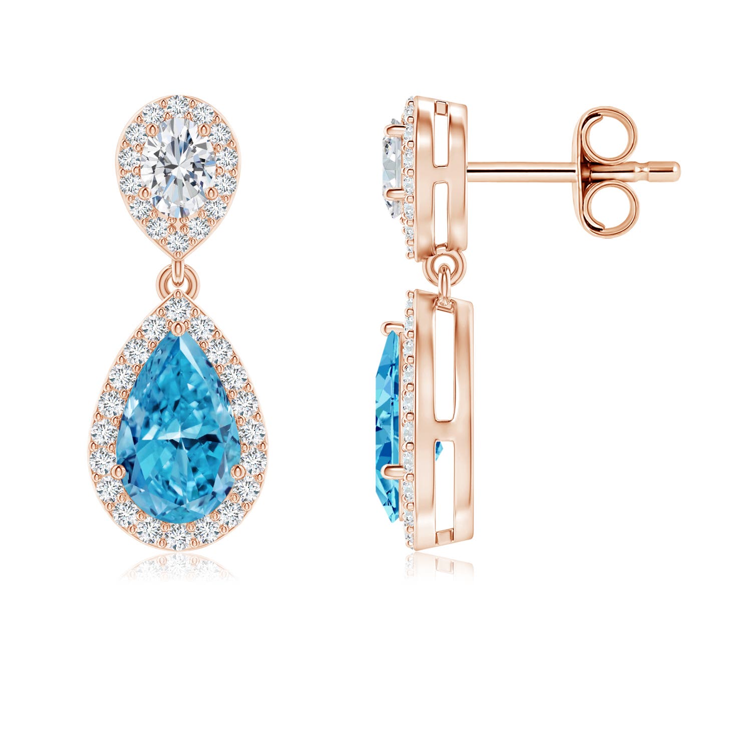Angara 2.07 CTW Pear Fancy Intense Blue Diamond Drop Earrings with Halo in 18K Rose Gold