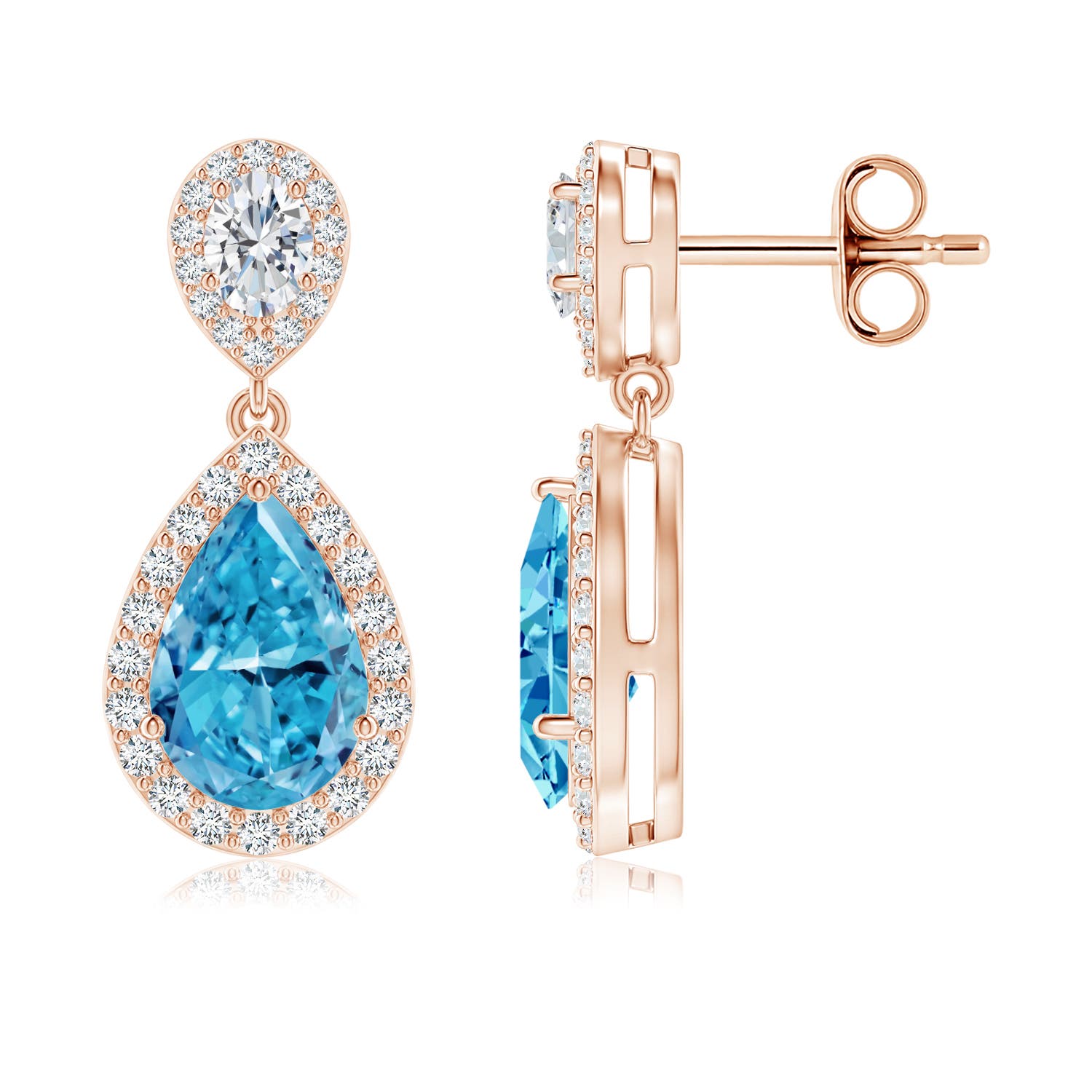 Angara 2.68 CTW Pear Fancy Intense Blue Diamond Drop Earrings with Halo in 18K Rose Gold