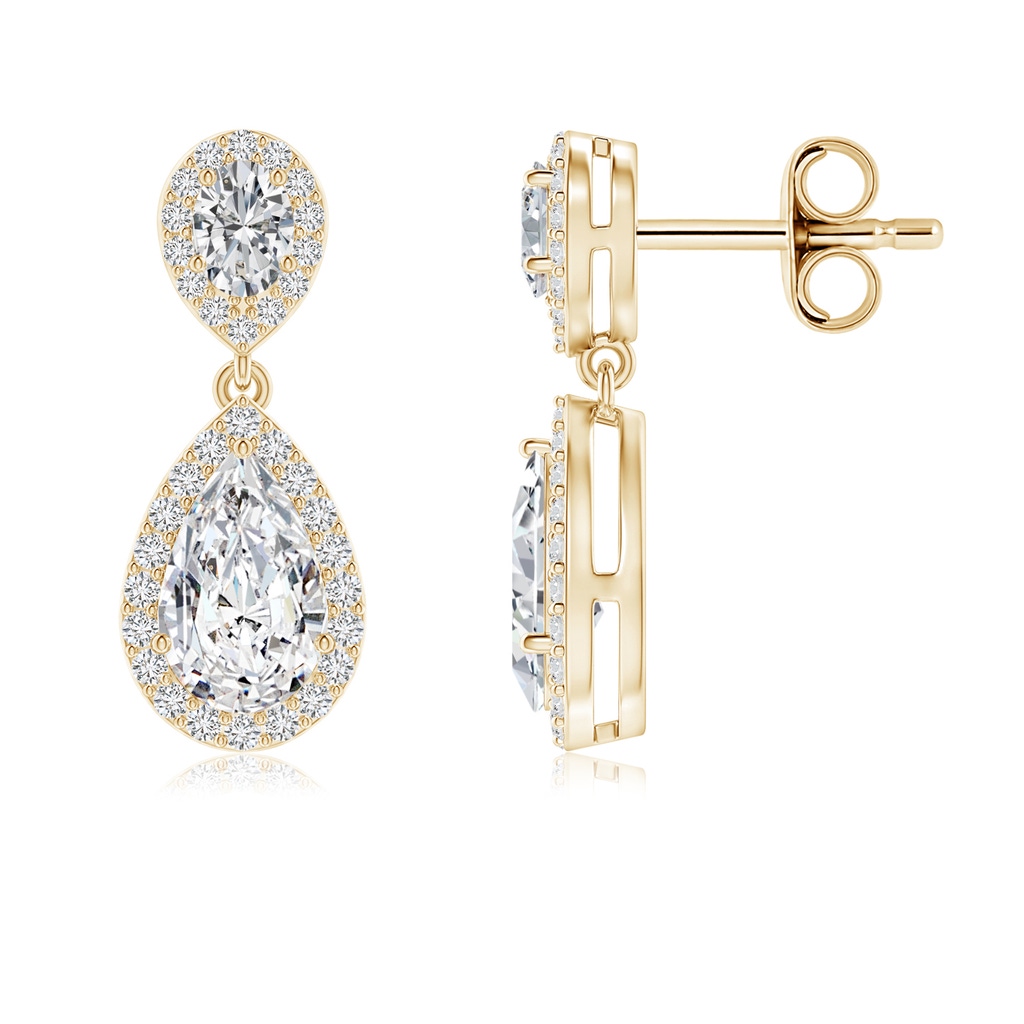 8x5mm HSI2 Oval and Pear Diamond Halo Drop Earrings in Yellow Gold