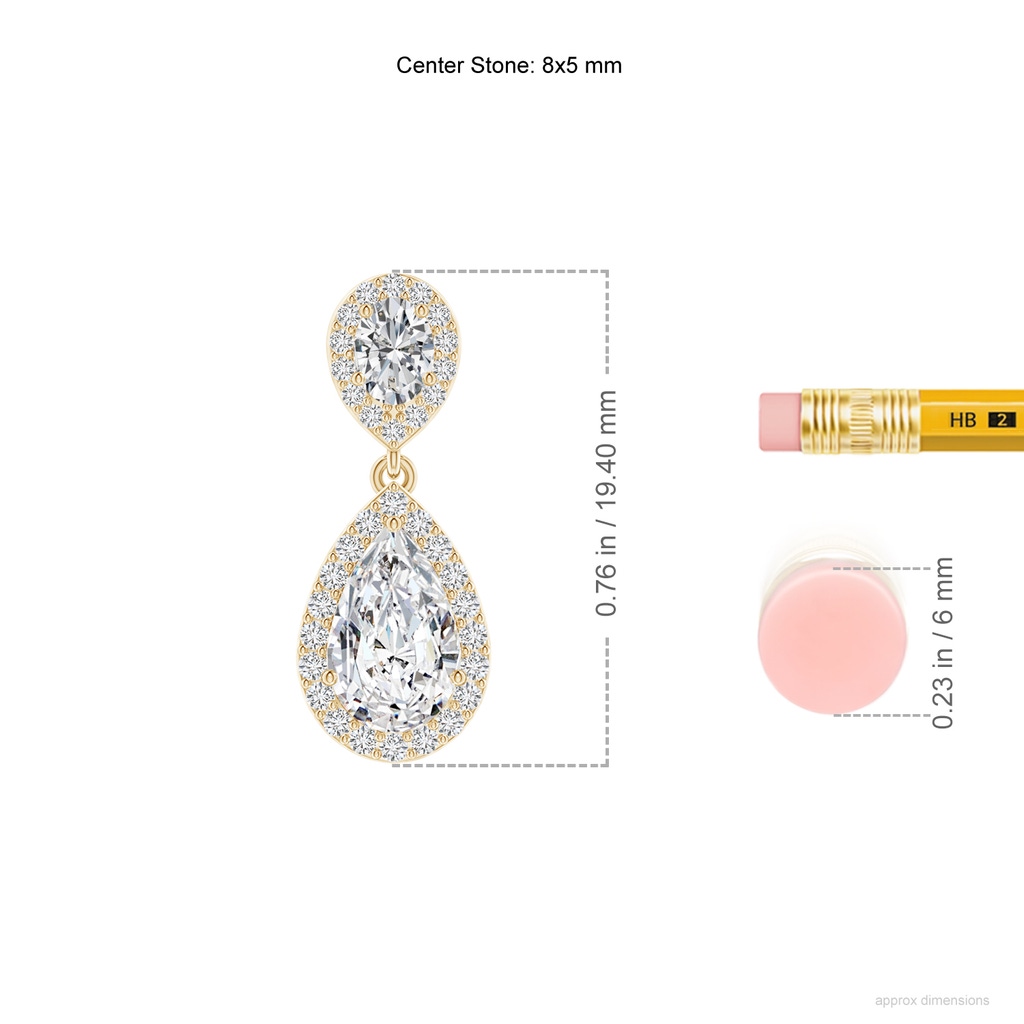 8x5mm HSI2 Oval and Pear Diamond Halo Drop Earrings in Yellow Gold ruler