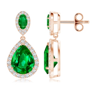 10x8mm AAAA Oval and Pear Emerald Halo Drop Earrings in Rose Gold