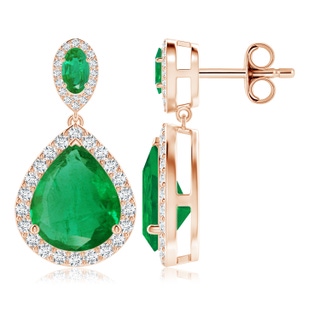 12x10mm AA Oval and Pear Emerald Halo Drop Earrings in Rose Gold