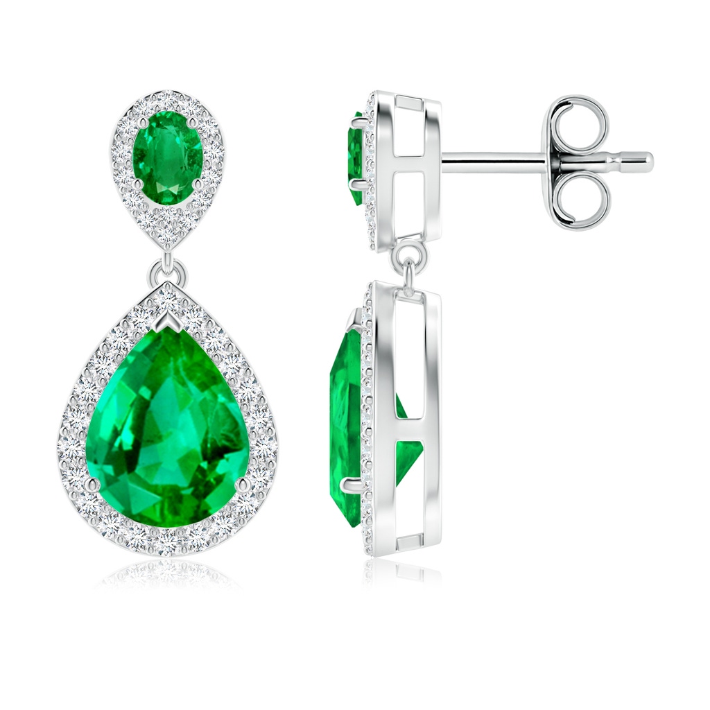 9x7mm AAA Oval and Pear Emerald Halo Drop Earrings in White Gold