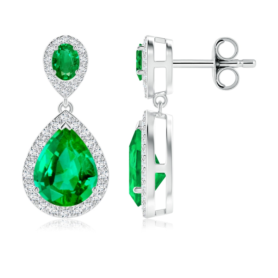 9x7mm AAA Oval and Pear Emerald Halo Drop Earrings in White Gold 