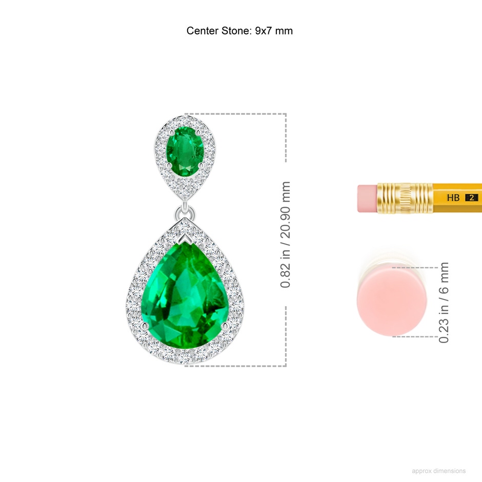 9x7mm AAA Oval and Pear Emerald Halo Drop Earrings in White Gold ruler