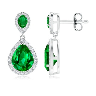 9x7mm AAAA Oval and Pear Emerald Halo Drop Earrings in P950 Platinum