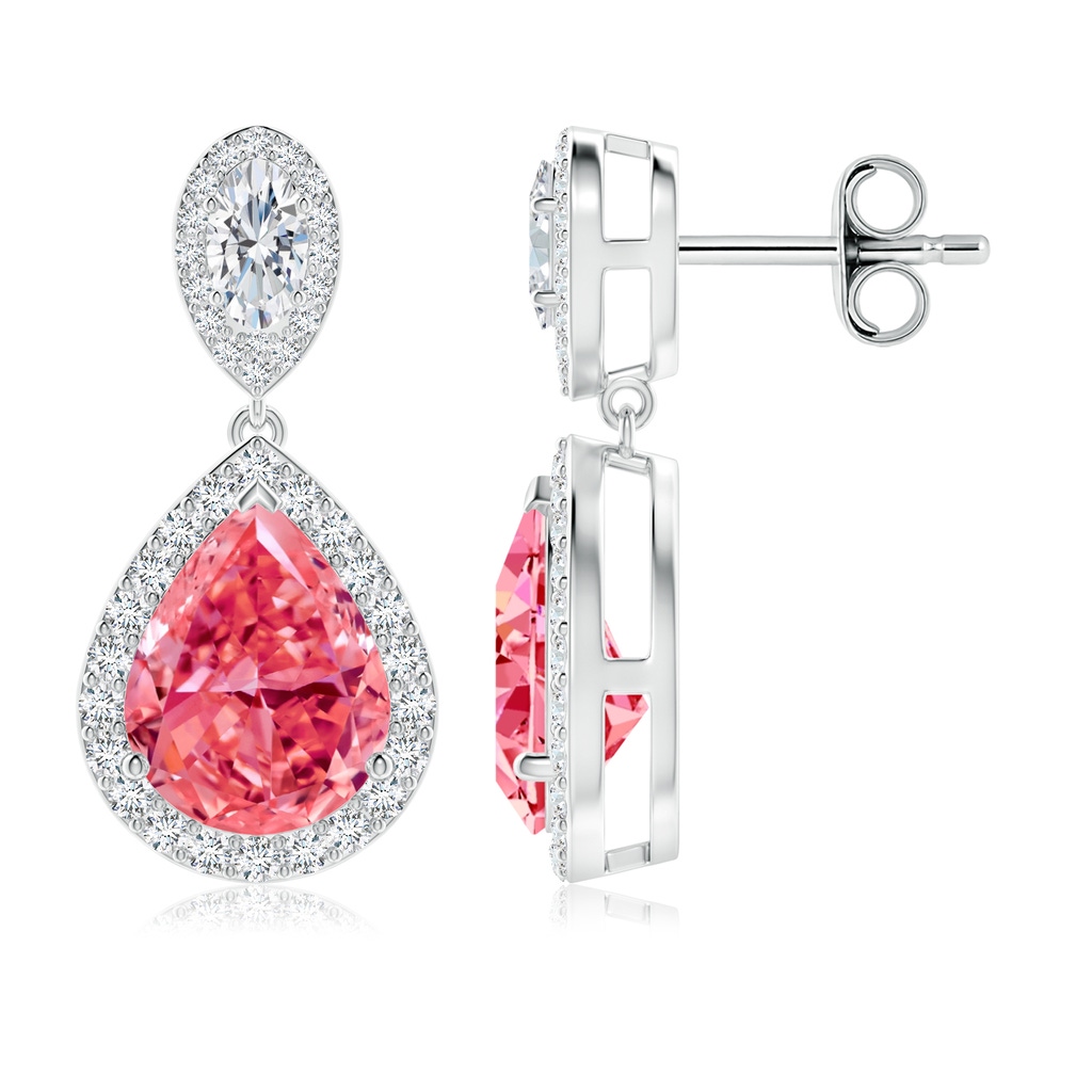10x6.5mm AAAA Oval & Pear Fancy Intense Pink Diamond Drop Earrings with Halo in P950 Platinum