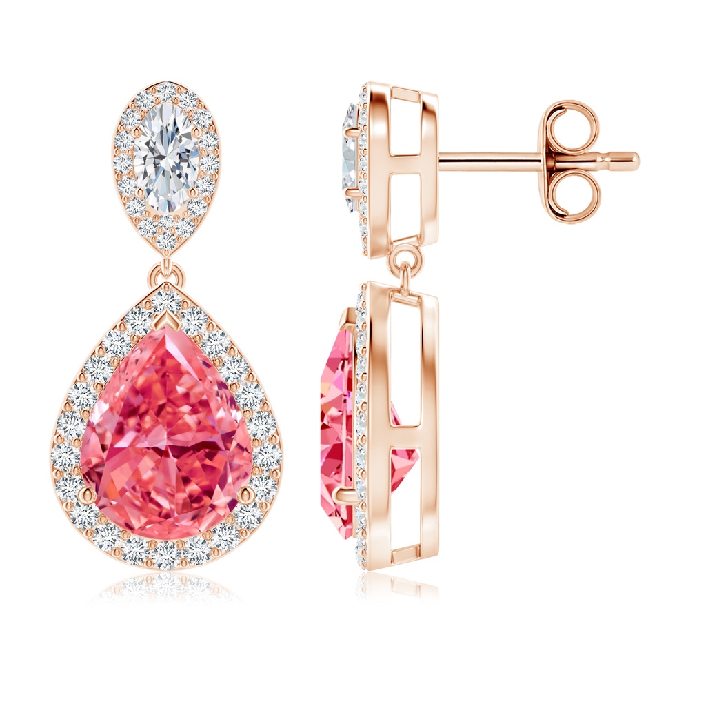 10x6.5mm AAAA Oval & Pear Fancy Intense Pink Diamond Drop Earrings with Halo in Rose Gold